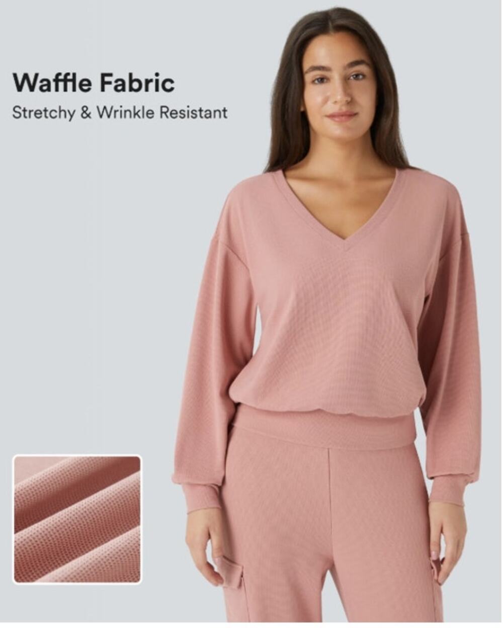 HALARA V-Neck Long Sleeve Waffle Knit Relax Fit Casual Sweatshirt Size XS